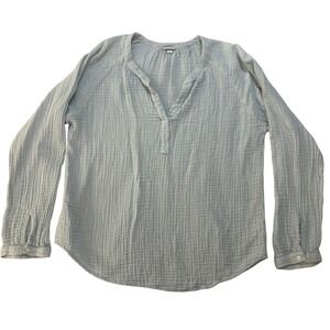 Margaret O'Leary Light Blue Double Gauze Cotton Split Neck Blouse Top Medium